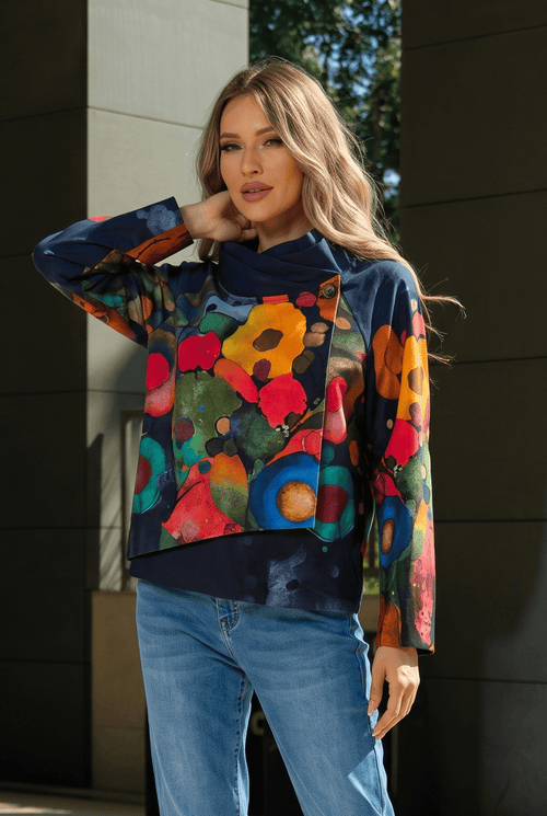 Jachetă damă bleumarin cu imprimeu multicolor Amira Natalee