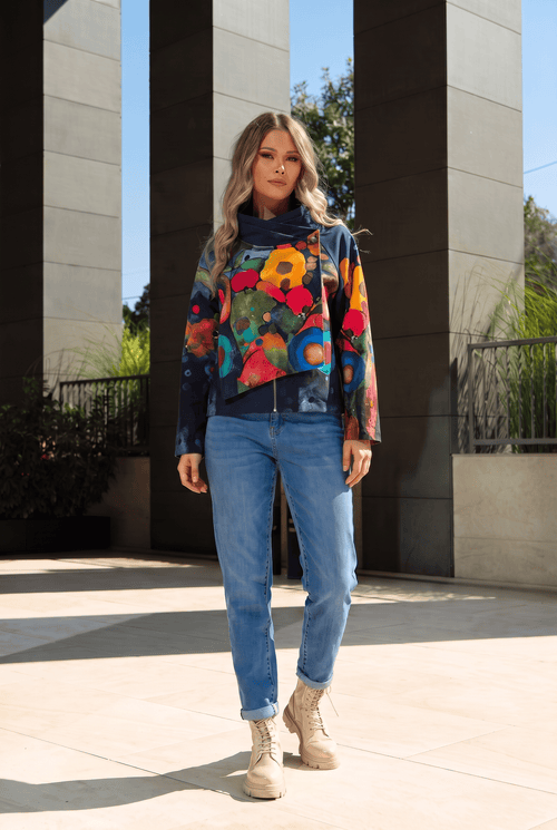 Jachetă damă bleumarin cu imprimeu multicolor Amira Natalee