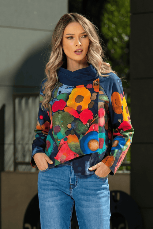 Jachetă damă bleumarin cu imprimeu multicolor Amira Natalee