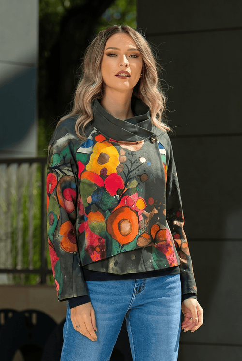 Jachetă damă kaki cu imprimeu multicolor Amira Natalee