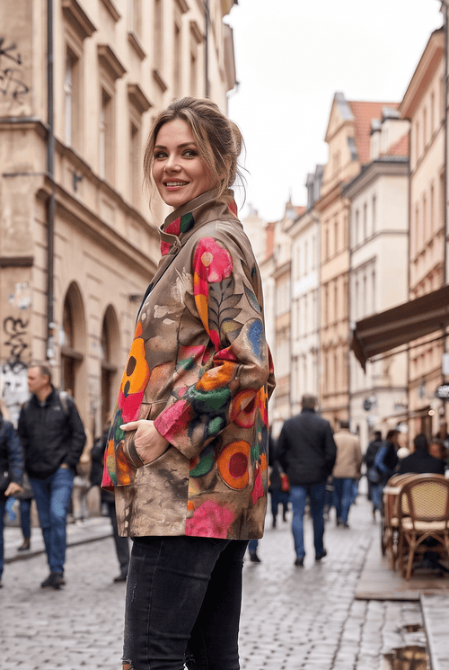Jachetă damă taupe cu imprimeu floral Ruxandra Natalee