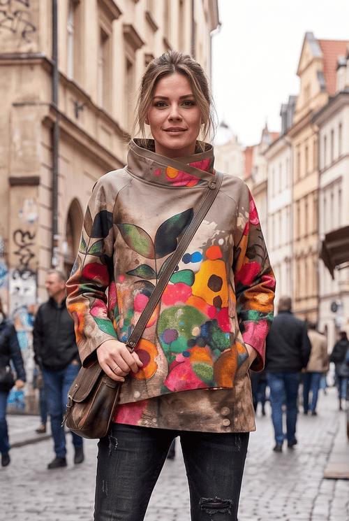 Jachetă damă taupe cu imprimeu floral Ruxandra Natalee