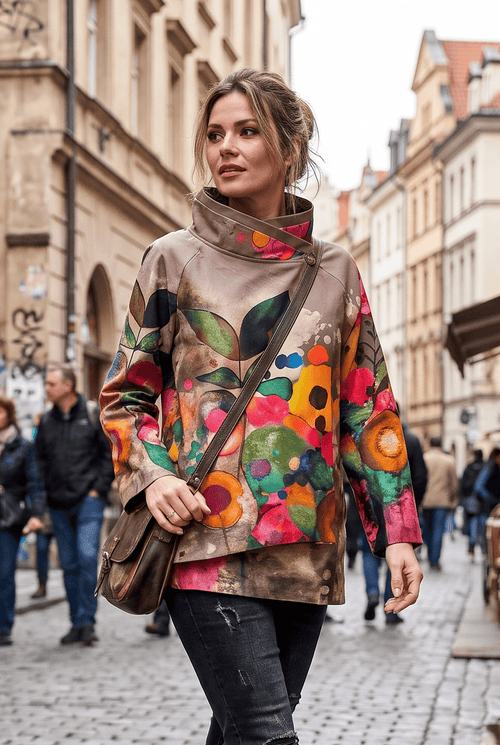 Jachetă damă taupe cu imprimeu floral Ruxandra Natalee