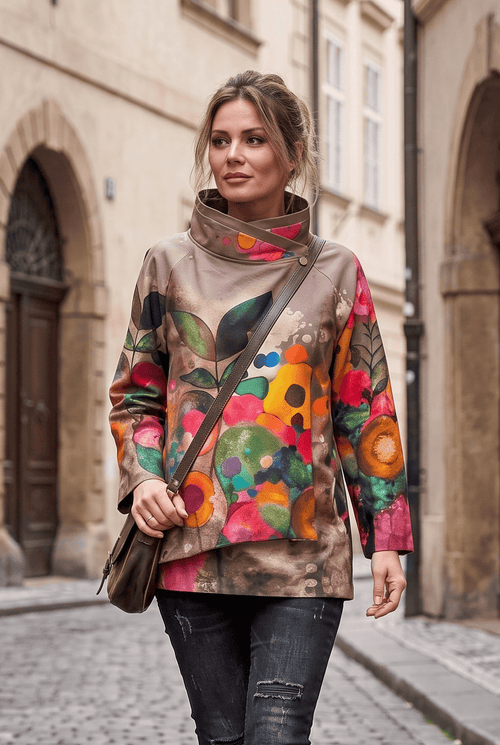 Jachetă damă taupe cu imprimeu floral Ruxandra Natalee