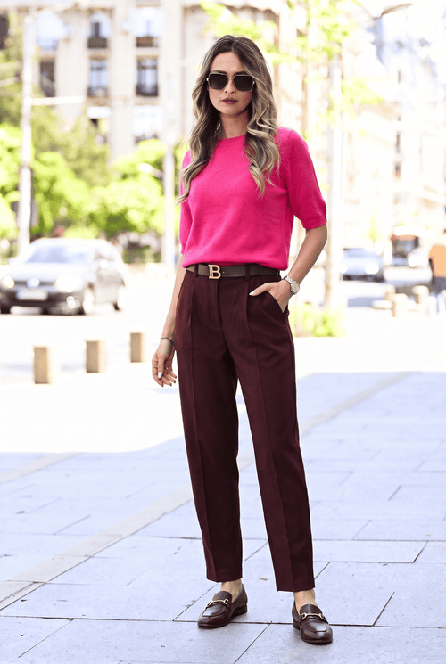 Pantaloni damă bordo cu pense și talie înaltă Dalia Natalee