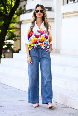 Pantaloni damă din denim subțire palazzo Sofia Natalee