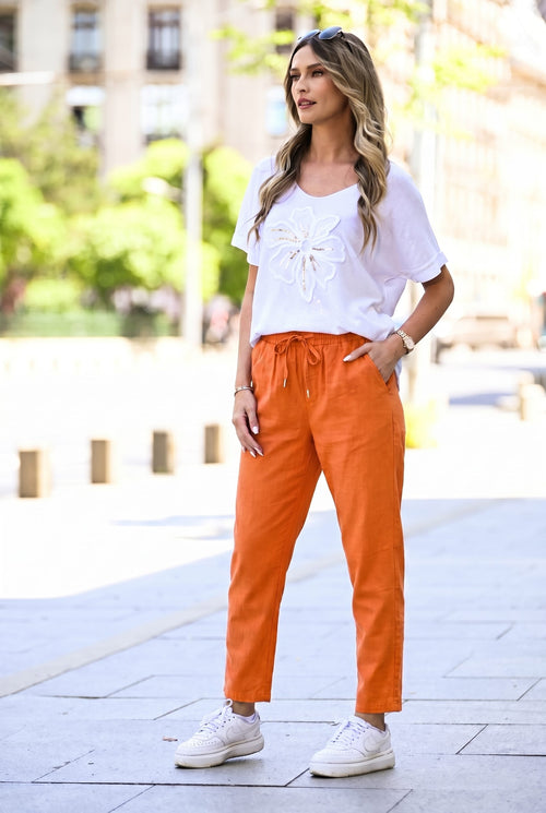 Pantaloni damă portocaliu casual cu șnur în talie – Daria Natalee