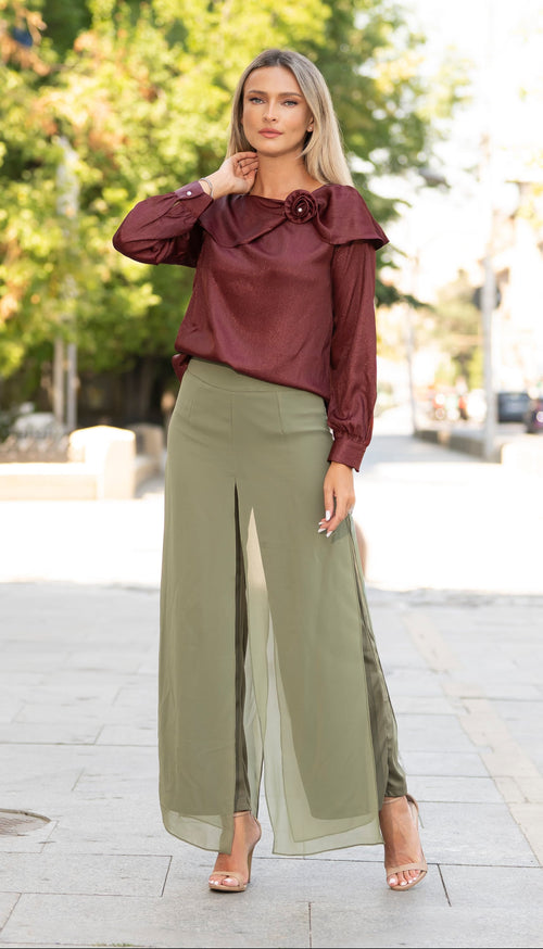 Pantaloni Palazzo kaki cu voal – Evelina Natalee