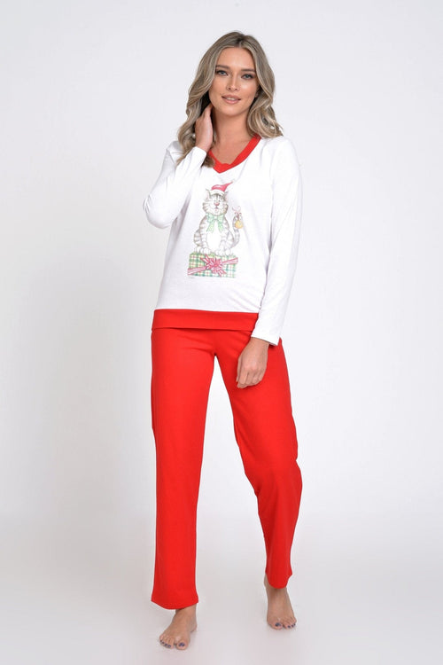 Natalee Fashion Pijamale Dama Pijama dama Craciun rosu & alb pisicuta