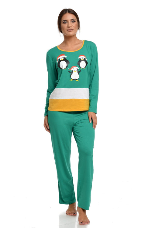 Natalee Fashion Pijamale Dama Pijama dama verde  & alb & mustar Pinguini