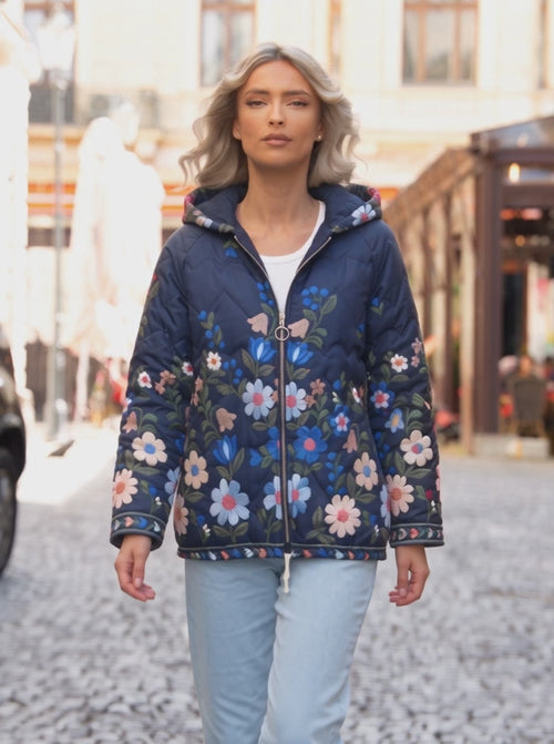 Geacă damă matlasată cu glugă și model floral Florina