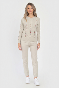 Pulover crem cu broderie florală Natalee Fashion