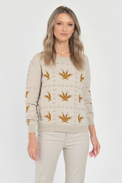 Pulover crem cu model vegetal Natalee Fashion