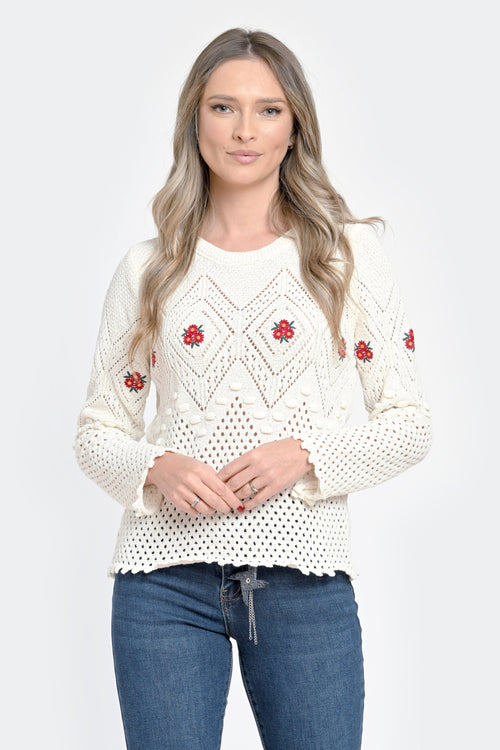 Pulover damă alb tricotat cu flori roșii Natalee