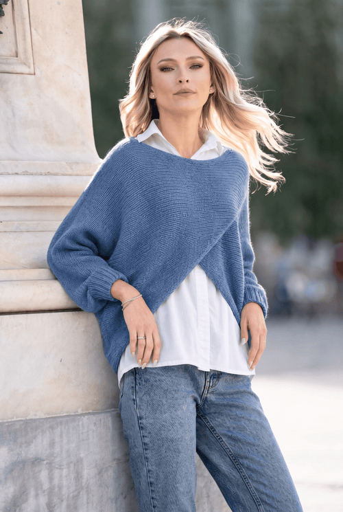 Pulover damă denim 2 în 1 cu cămașă din bumbac Alina Natalee