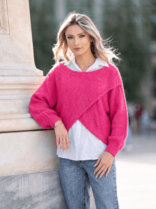Pulover damă fucsia 2 în 1 cu cămașă din bumbac Alina Natalee Fashion