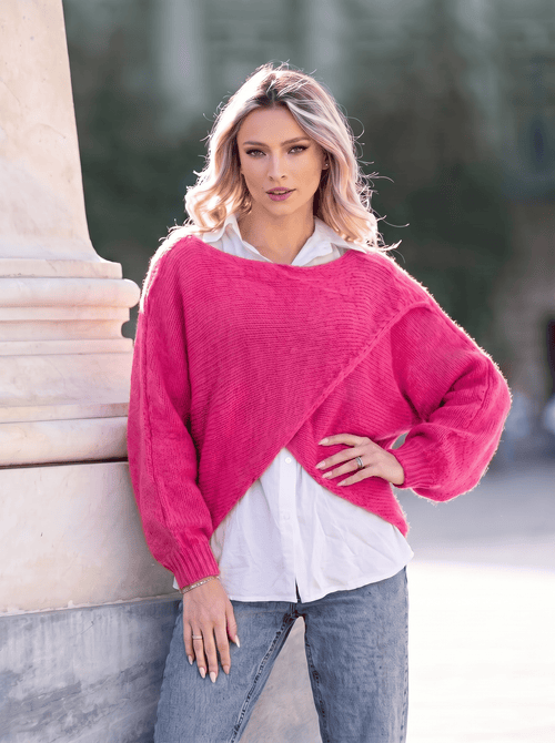 Pulover damă fucsia 2 în 1 cu cămașă din bumbac Alina Natalee Fashion