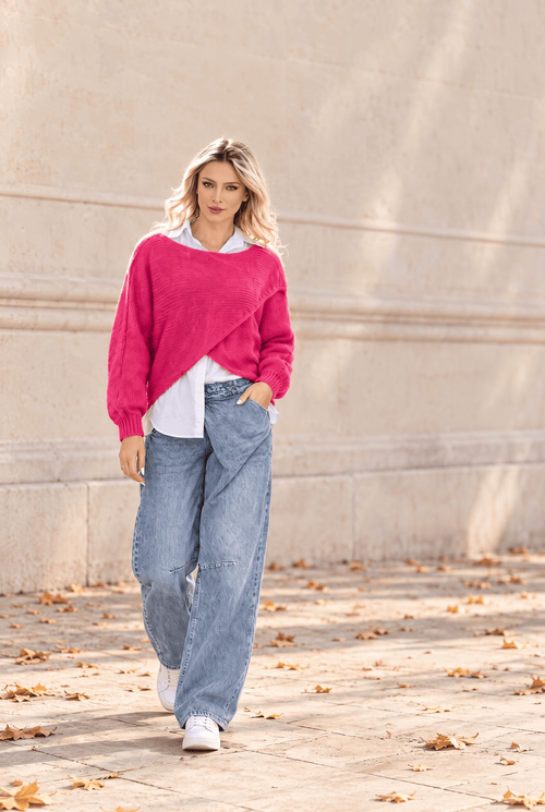 Pulover damă fucsia 2 în 1 cu cămașă din bumbac Alina Natalee Fashion