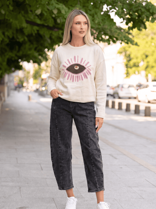 Pulover damă ivoire cu motiv ochi în relief Iris Natalee