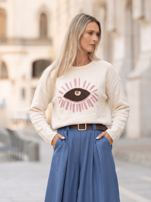 Pulover damă ivoire cu motiv ochi în relief Iris Natalee