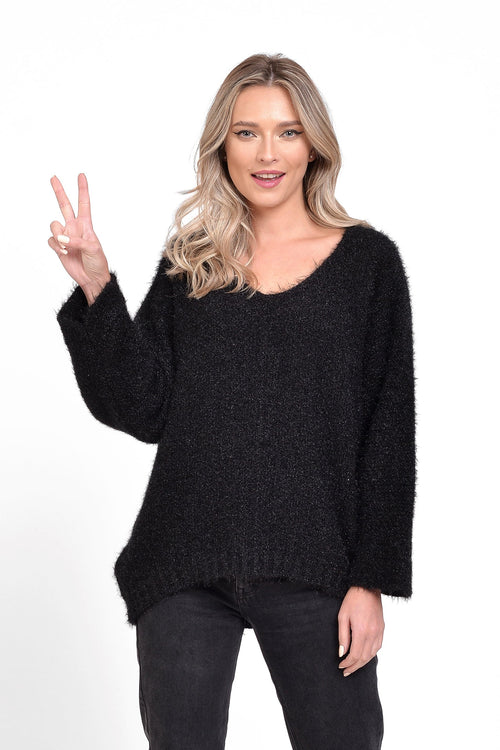 Pulover damă negru cu aspect pufos și decolteu în V Dalia Natalee