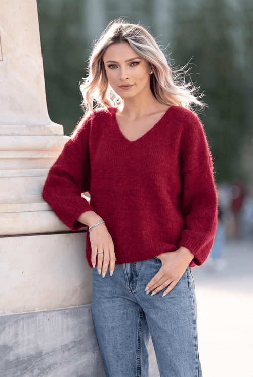 Pulover damă roșu cu decolteu în V Miruna Natalee Fashion