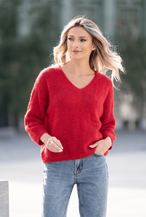 Pulover damă roșu cu decolteu în V Miruna Natalee Fashion