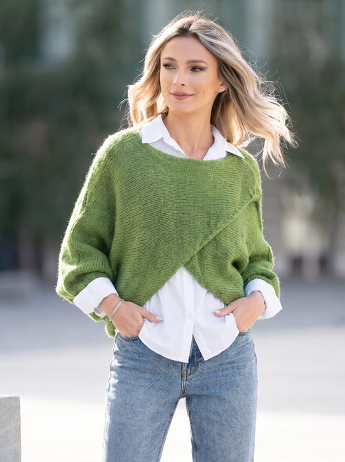 Pulover damă verde 2 în 1 cu cămașă din bumbac Alina Natalee Fashion