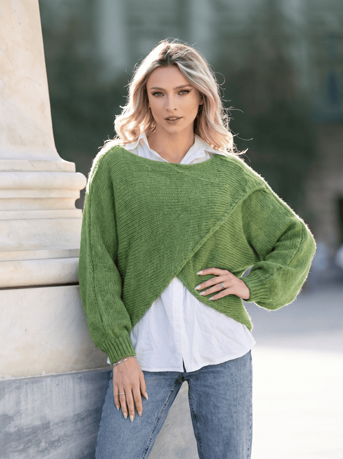 Pulover damă verde 2 în 1 cu cămașă din bumbac Alina Natalee Fashion