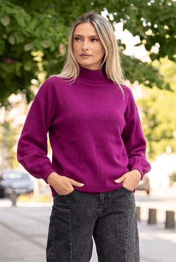 Pulover oversize cu guler semi-înalt și mâneci balon, magenta Natalee