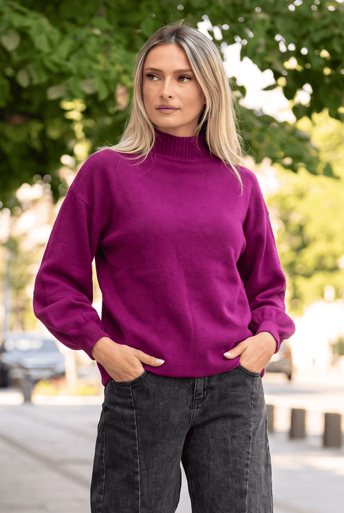 Pulover oversize cu guler semi-înalt și mâneci balon, magenta Natalee