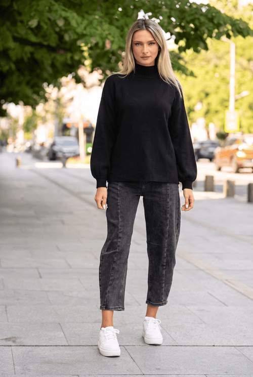 Pulover oversize cu guler semi-înalt și mâneci balon, negru Natalee