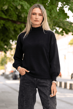 Pulover oversize cu guler semi-înalt și mâneci balon, negru Natalee