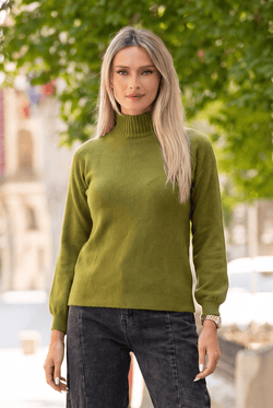 Pulover oversize cu guler semi-înalt și mâneci balon, verde olive Natalee