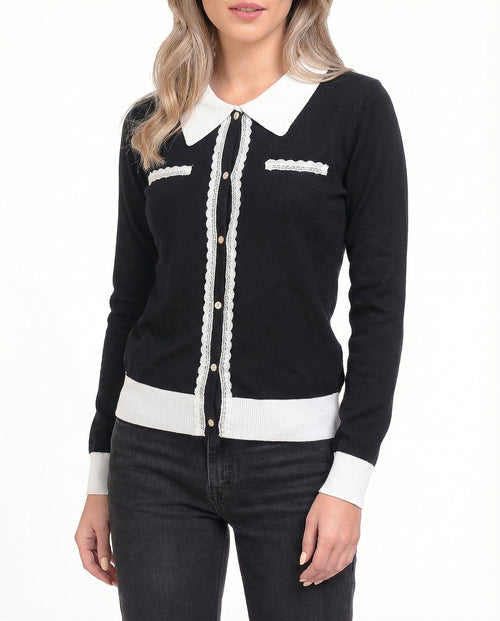 Puloveraș damă cu guler contrastant și nasturi decorativi, Natalee