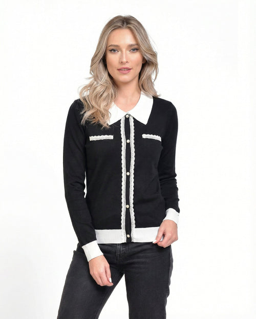 Puloveraș damă cu guler contrastant și nasturi decorativi, Natalee