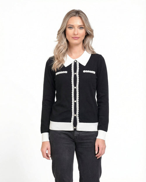 Puloveraș damă cu guler contrastant și nasturi decorativi, Natalee