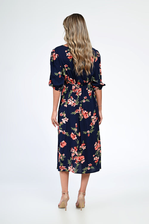 Rochie bleumarin cu imprimeu floral și slit lateral – Elora Natalee Fashion