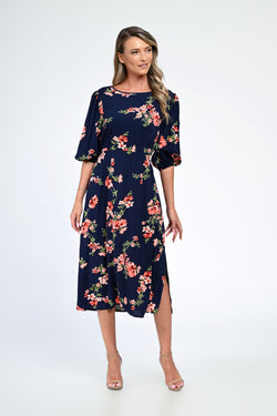 Rochie bleumarin cu imprimeu floral și slit lateral – Elora Natalee Fashion