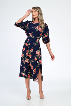 Rochie bleumarin cu imprimeu floral și slit lateral – Elora Natalee Fashion