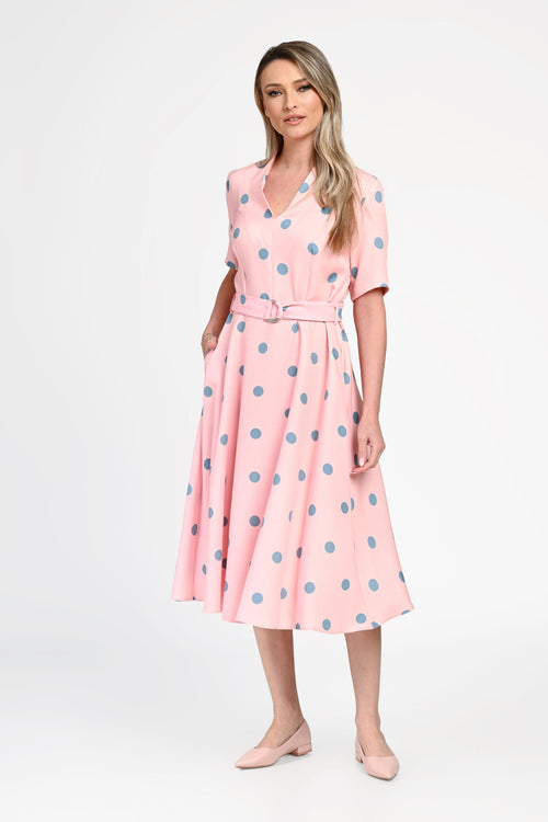 Rochie damă din bumbac cu buline și cordon în talie Bianca Natalee