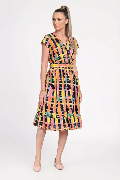 Rochie damă din in cu viscoză cu imprimeu multicolor Diana Natalee Fashion