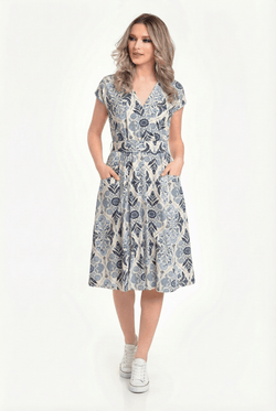 Rochie damă din vâscoză cu imprimeu floral albastru Eloria Natalee