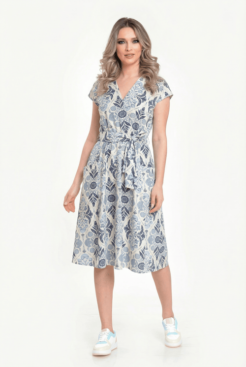 Rochie damă din vâscoză cu imprimeu floral albastru Eloria Natalee