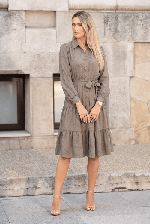 Rochie damă midi taupe cu imprimeu floral Daria Natalee Fashion