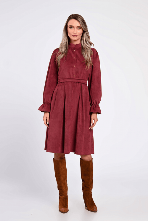 Rochie din raiat bordo, cu guler tunică și nasturi decorativi Natalee