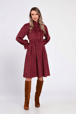 Rochie din raiat bordo, cu guler tunică și nasturi decorativi Natalee