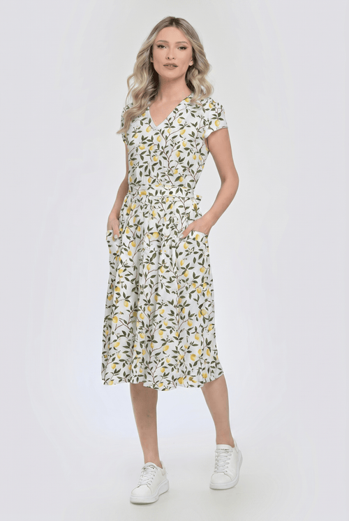 Rochie elegantă albă cu imprimeu lămâi Cătălina Natalee