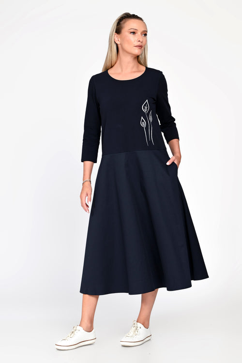 Rochie Eranthe bleumarin din tricot si poplin Eranthe