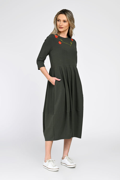 Rochie Eranthe tip lalea kaki cu pictura manuala Eranthe